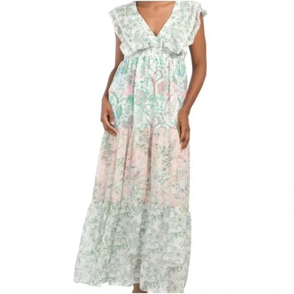 House Of Harlow 1960 Dresses | House Of Harlow 1960 Like New Floral Pink Green Tiered Boho V-Neck Maxi Dress S | Color: Green/Pink | Size: S |